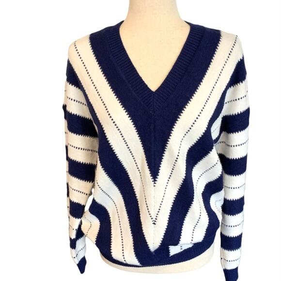 PrettyGarden Navy White Striped V-Neck Sweater Medium Women’s Pullover Knit Top - Picture 1 of 10